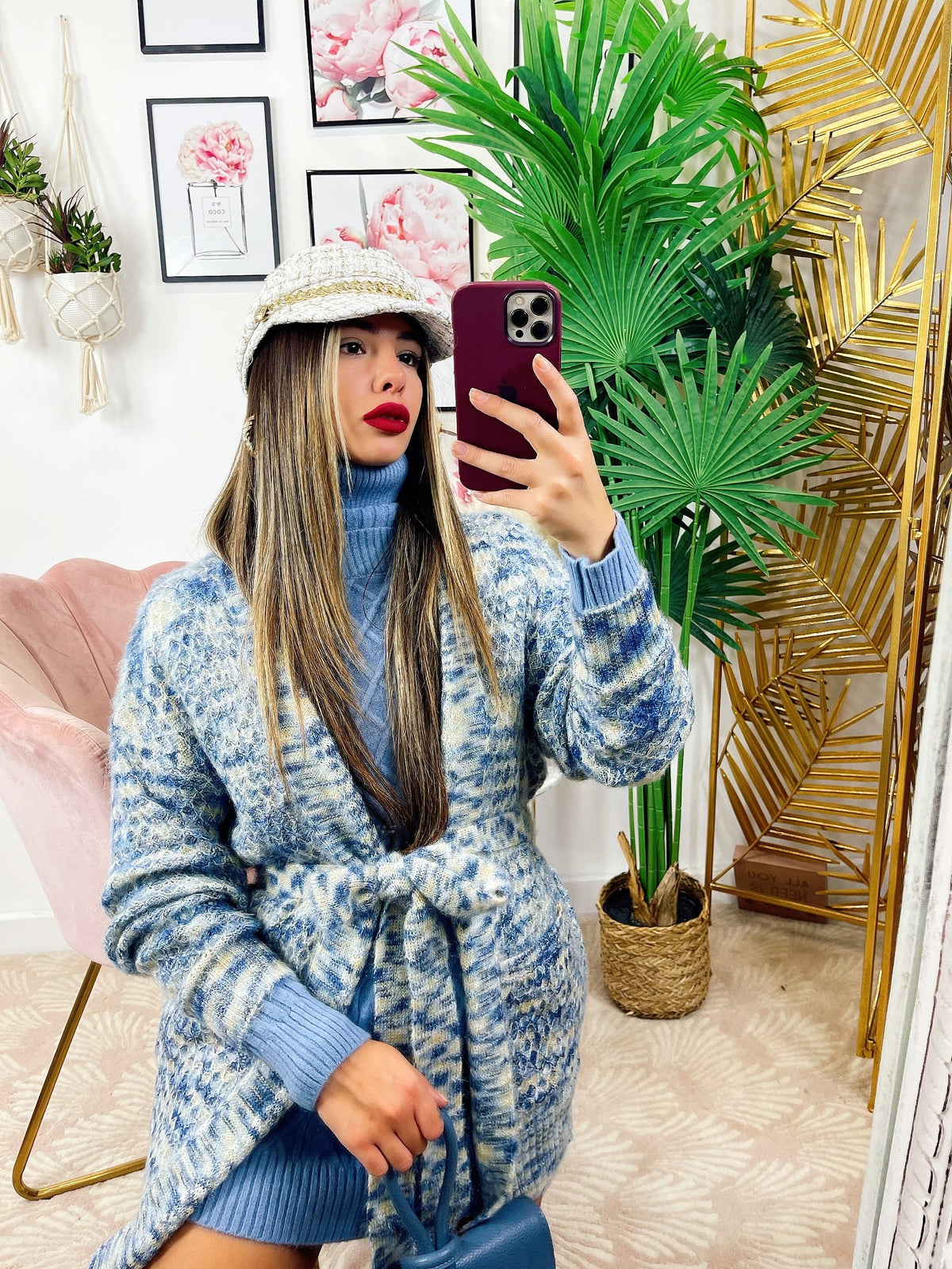Cardigan morbido con cintura sfumature blu