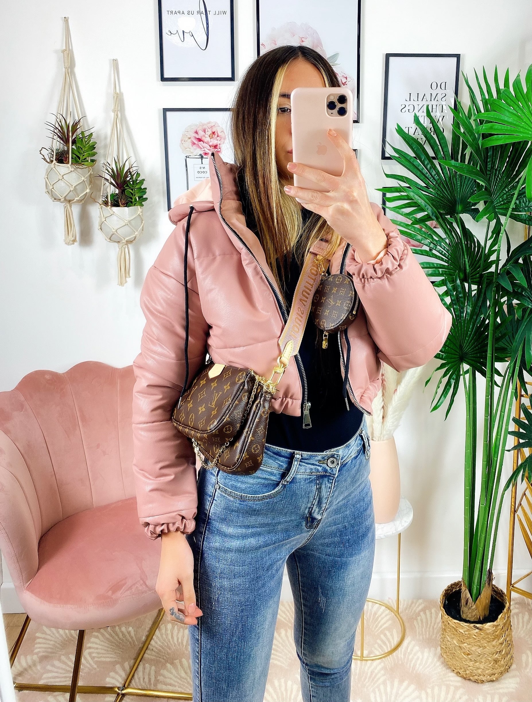 Bomber crop in ecopelle Rosa