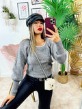Maglione con scollo a u con perle grigio