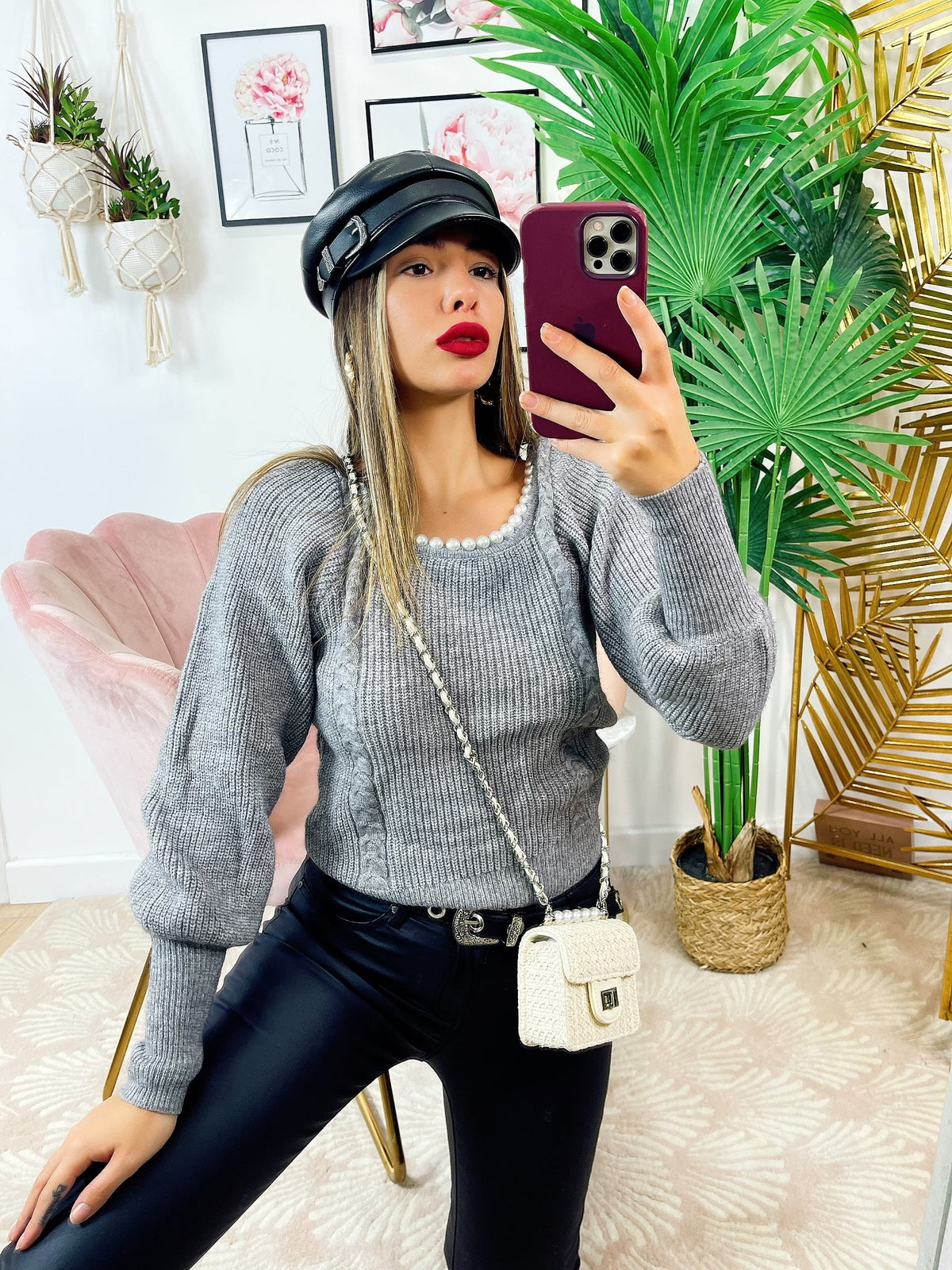Maglione con scollo a u con perle grigio