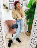Maglione collo alto beige e oro