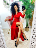 Abito a sirena con spacco rosso