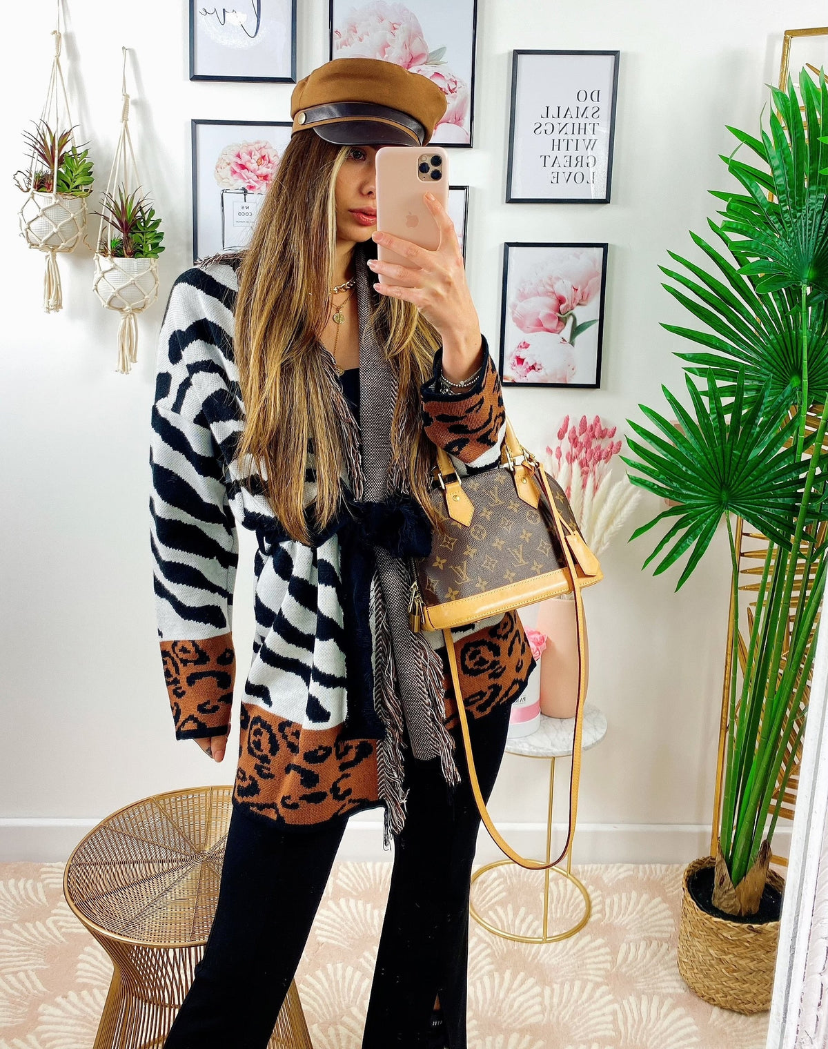 Cardigan Zebrato con frange e cinta
