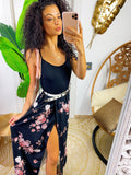 Abito lungo nero con gonna a fiori