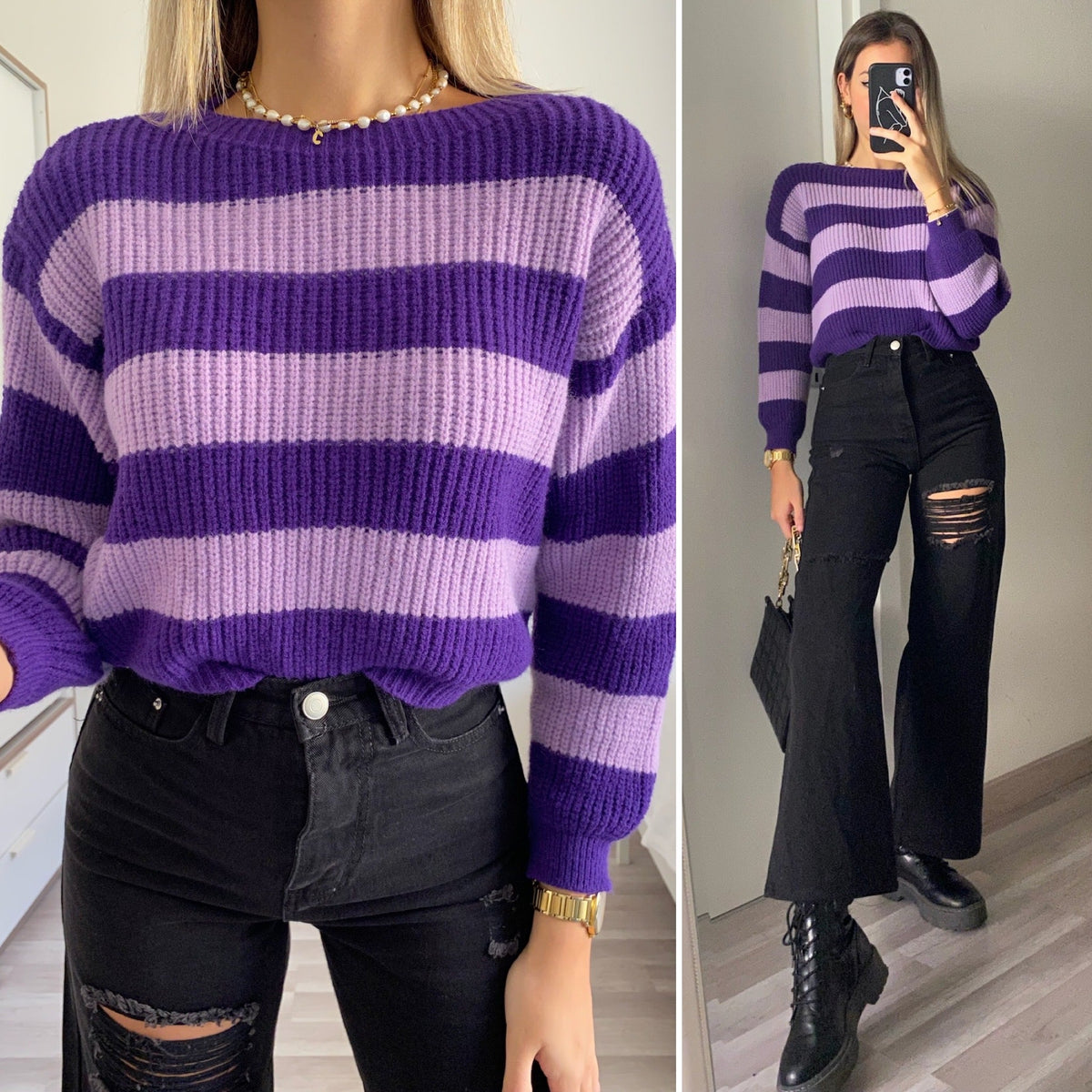 Maglione a righe lilla viola