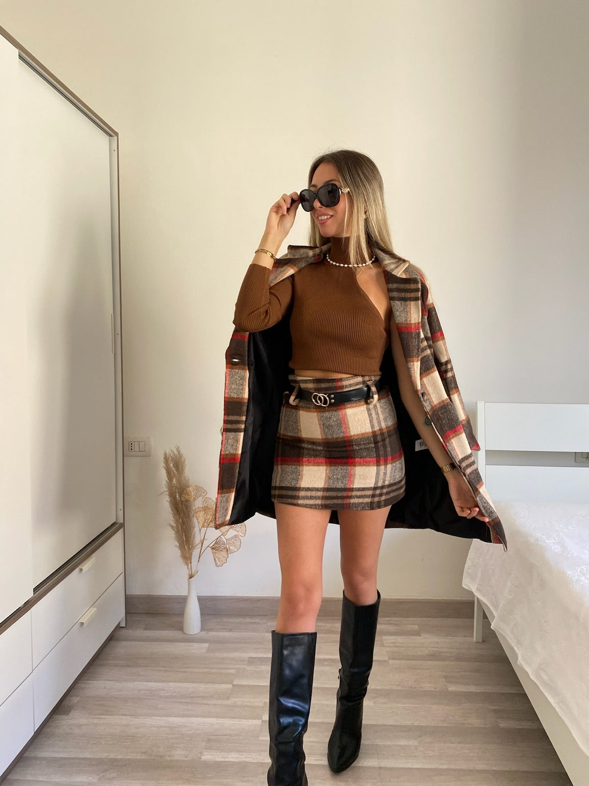 Cappotto check trama nude red