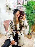 Cappotto check beige con cintura