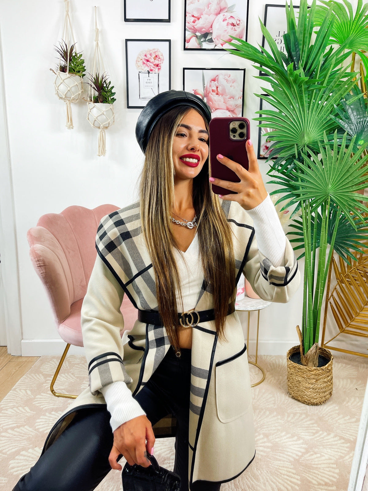Cappotto check beige con cintura