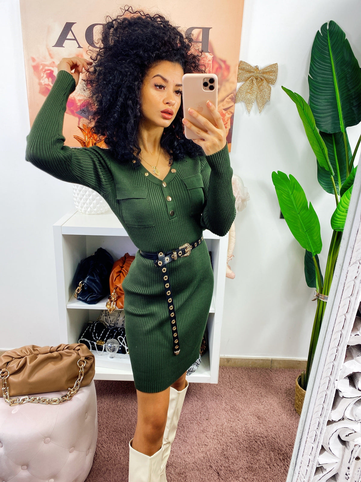 Abito in maglia aderente con bottoni Verde militare