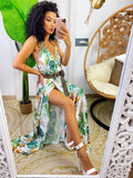 Abito in raso floreale con maxi spacco bianco