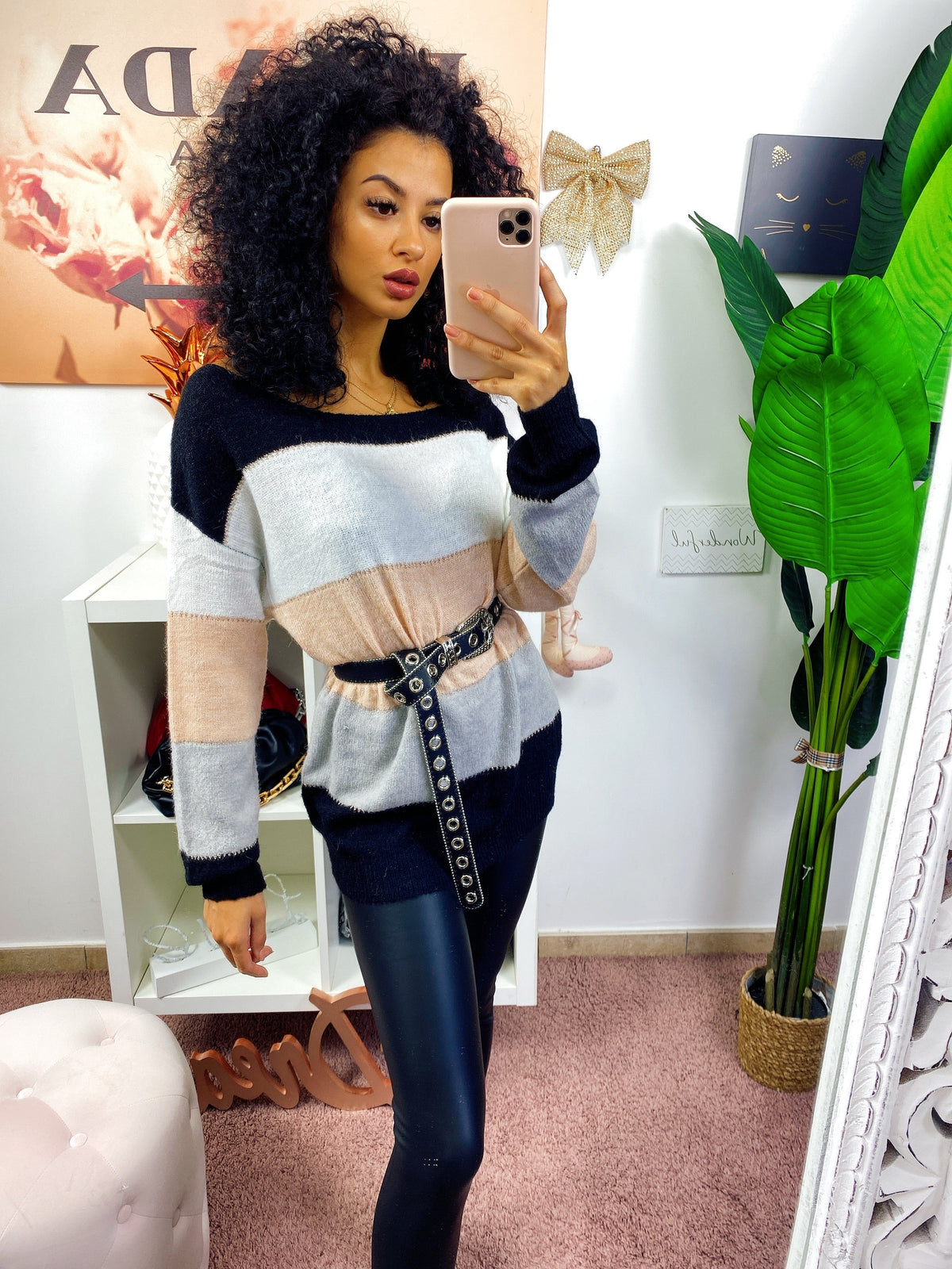 Maglione a righe bianco e rosa