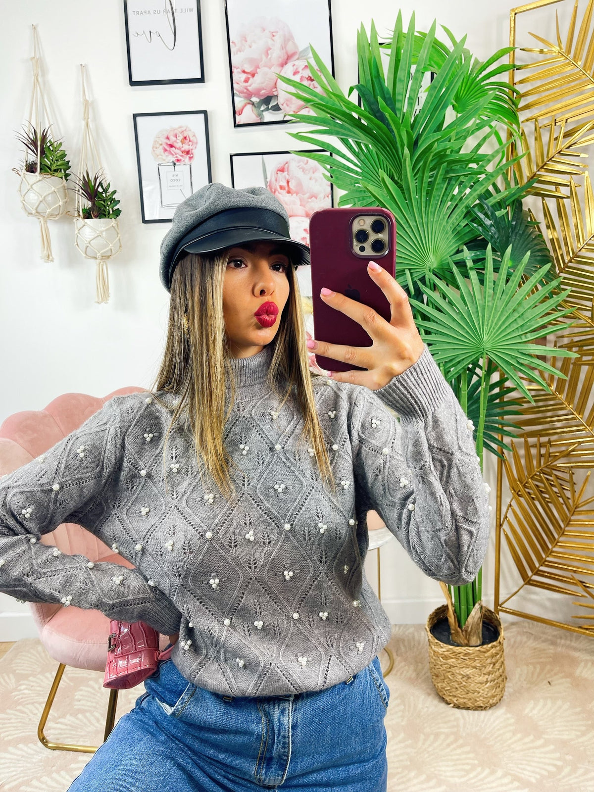 Maglione top quality con perle grigio