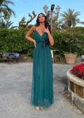Abito lungo in tulle petrolio