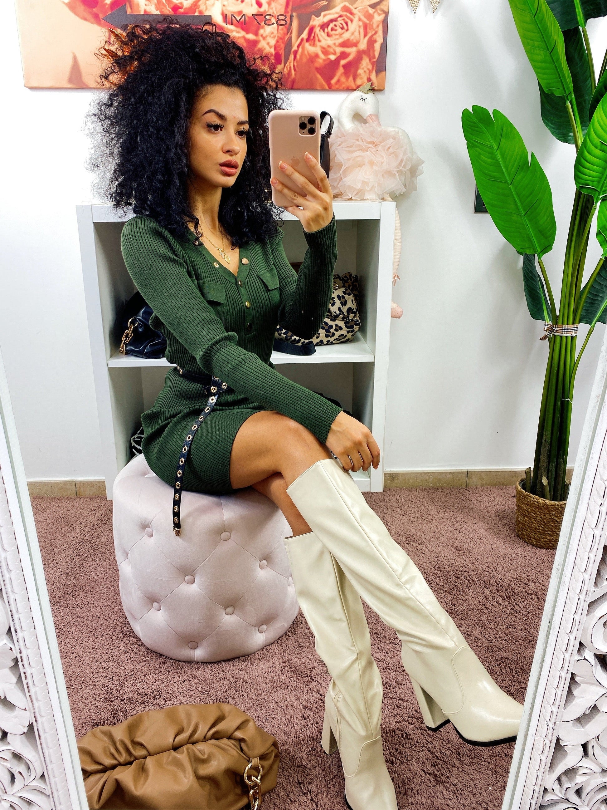 Abito in maglia aderente con bottoni Verde militare