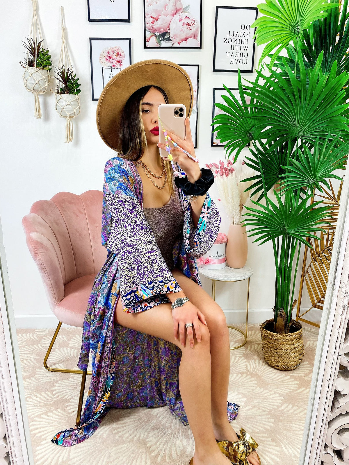 Kimono in seta etnico base lilla