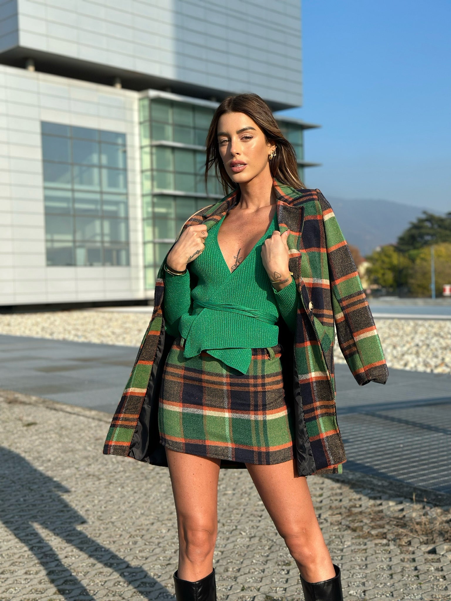 Cappotto check trama verde