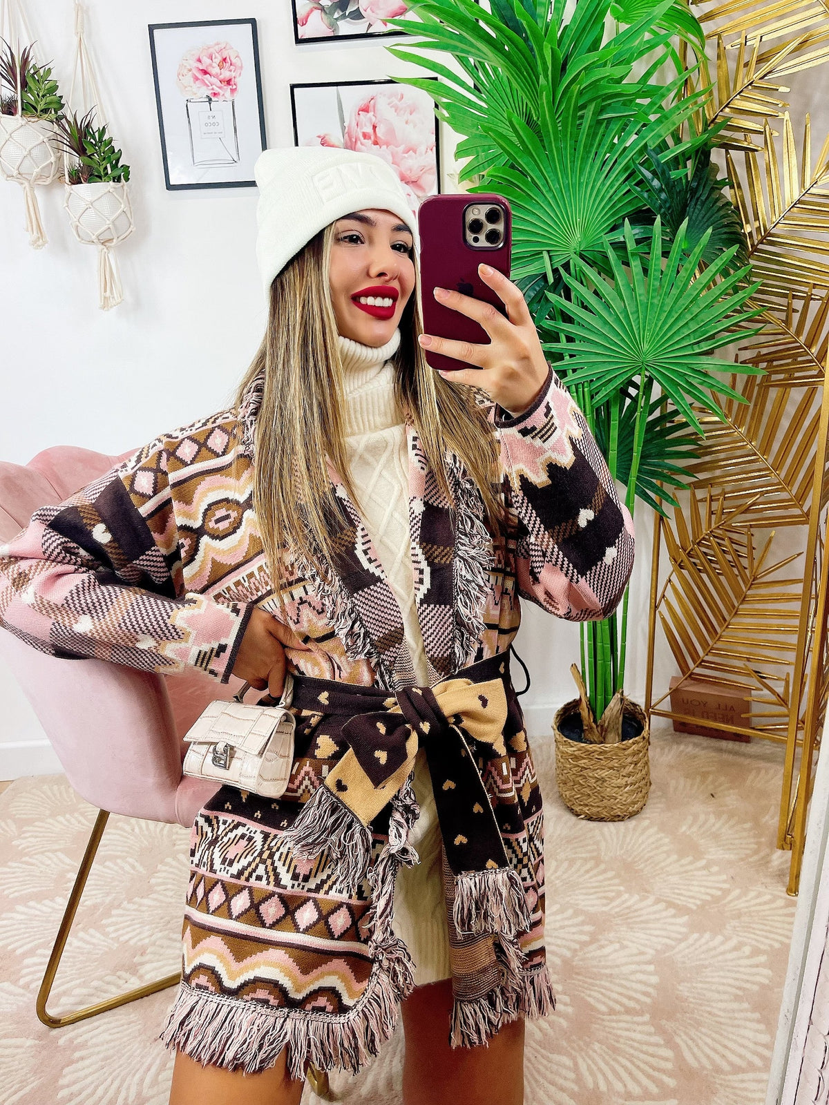 Cardigan con frange e cuori Marrone Rosa