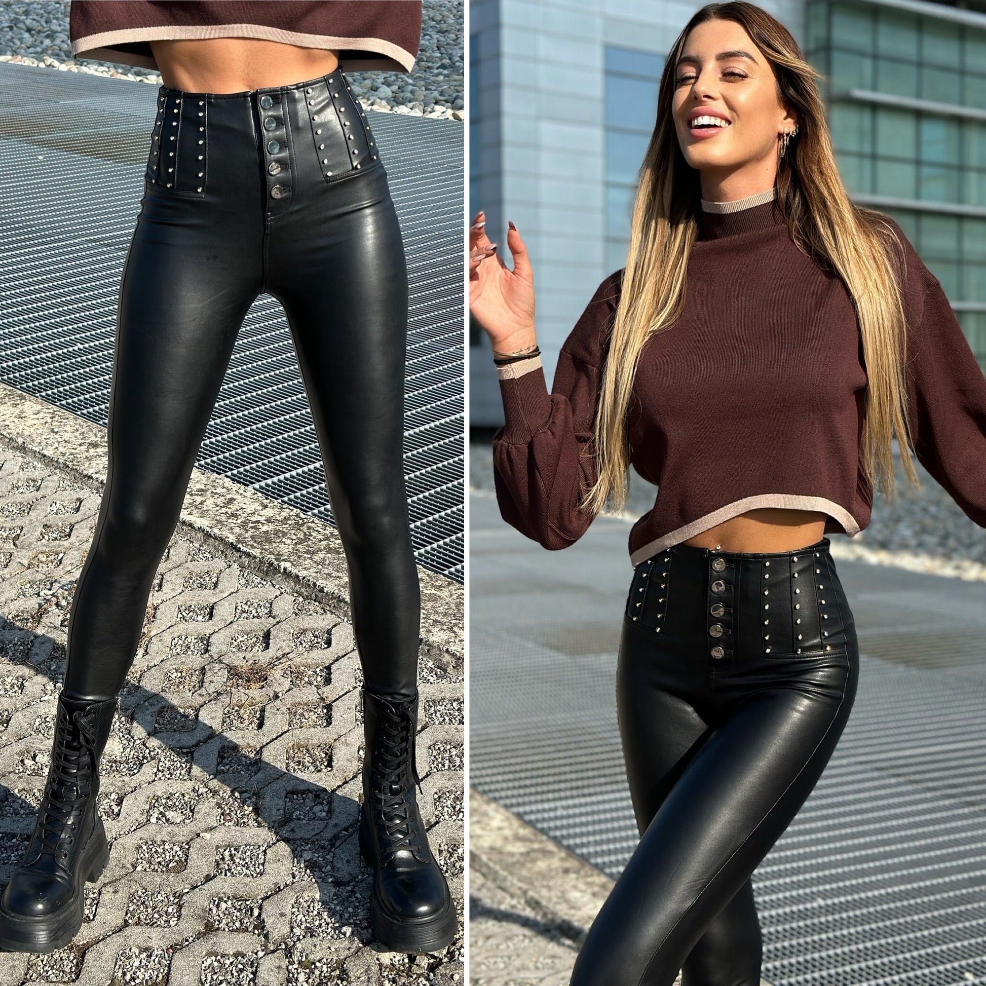 Pantalone in ecopelle con strass