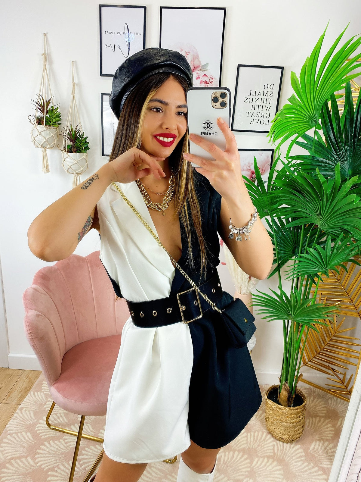 Tutina a Blazer bicolor con borsetta bianco nero