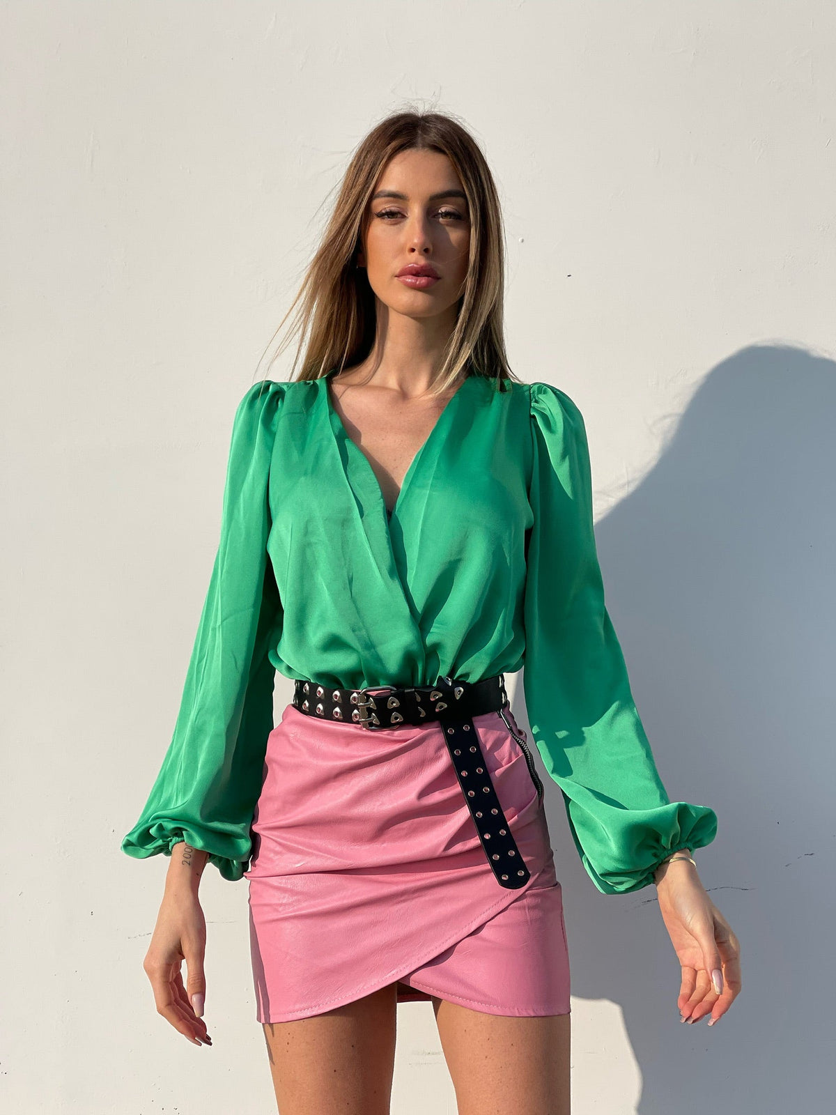 Gonna in ecopelle con zip laterale rosa