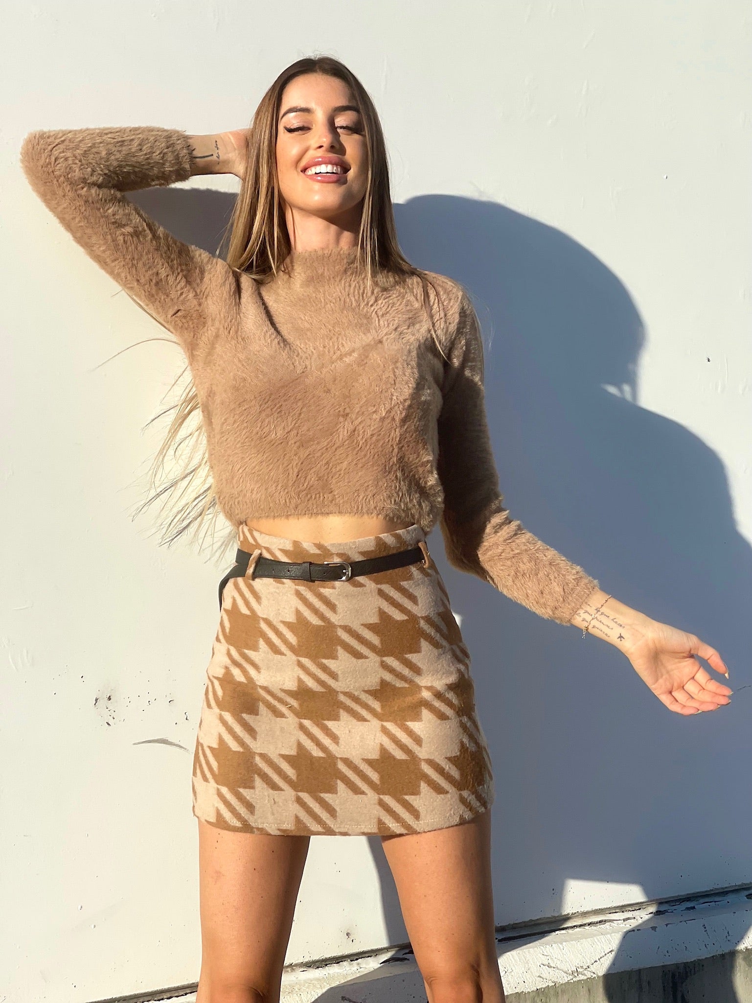 Gonna in tweed pied de poule beige