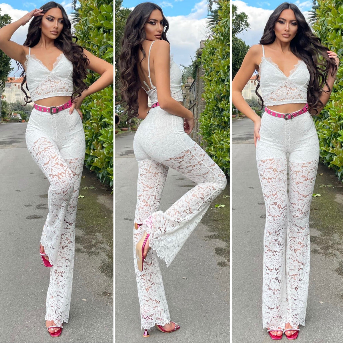 Completo top e pantalone pizzo bianco