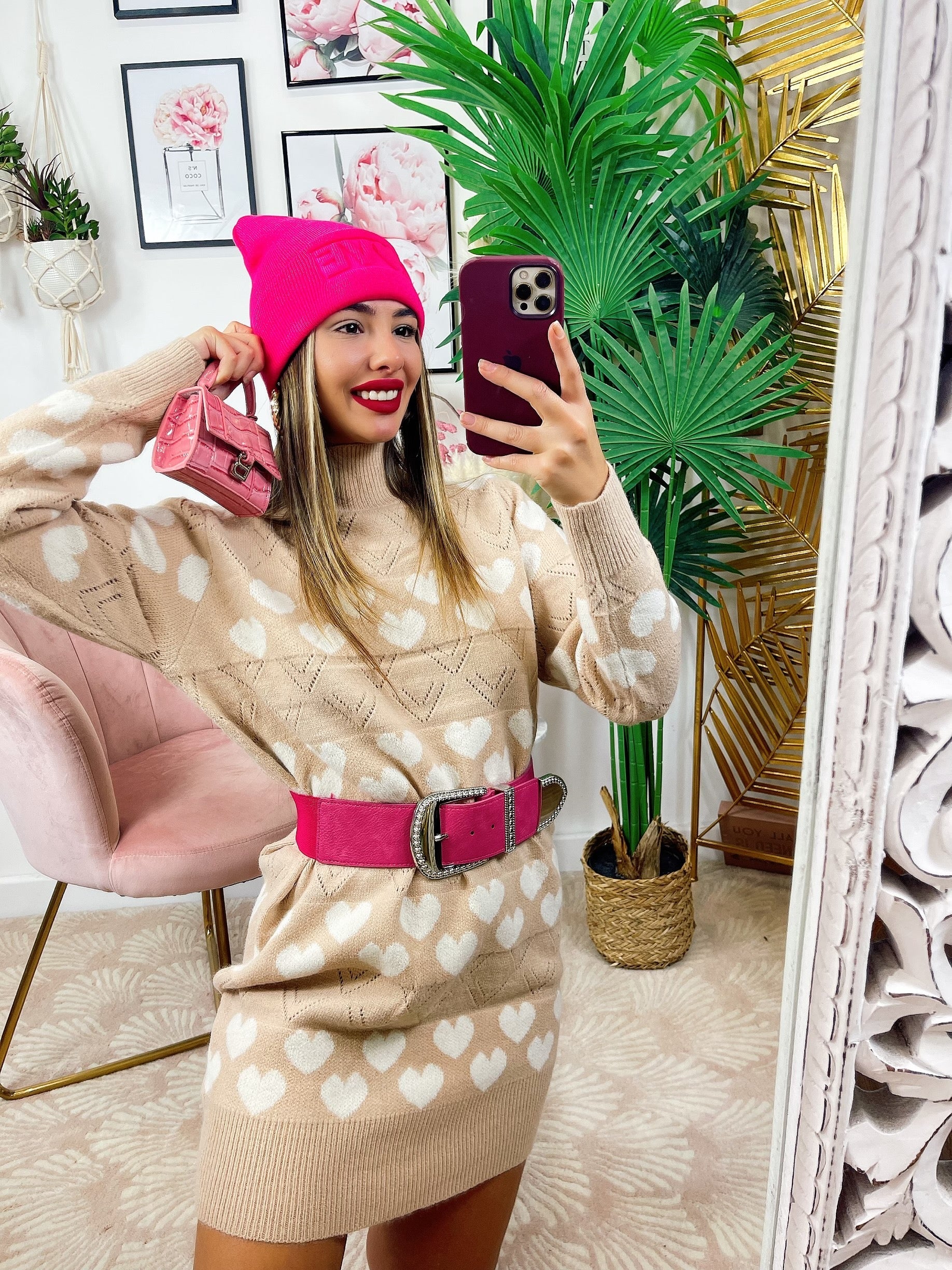 Maxi maglione camel a cuori