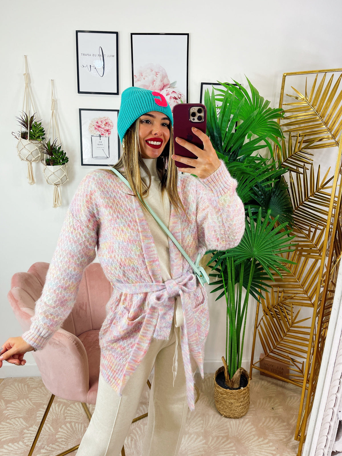 Cardigan morbido con cintura rosa