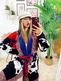 Cardigan con frange rosso blu maculato