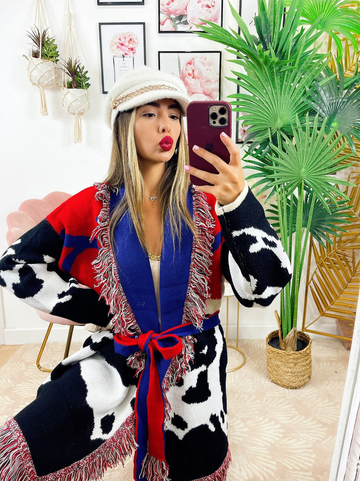 Cardigan con frange rosso blu maculato