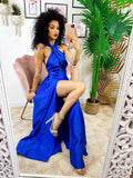 Abito in raso con maxi incrociato blu