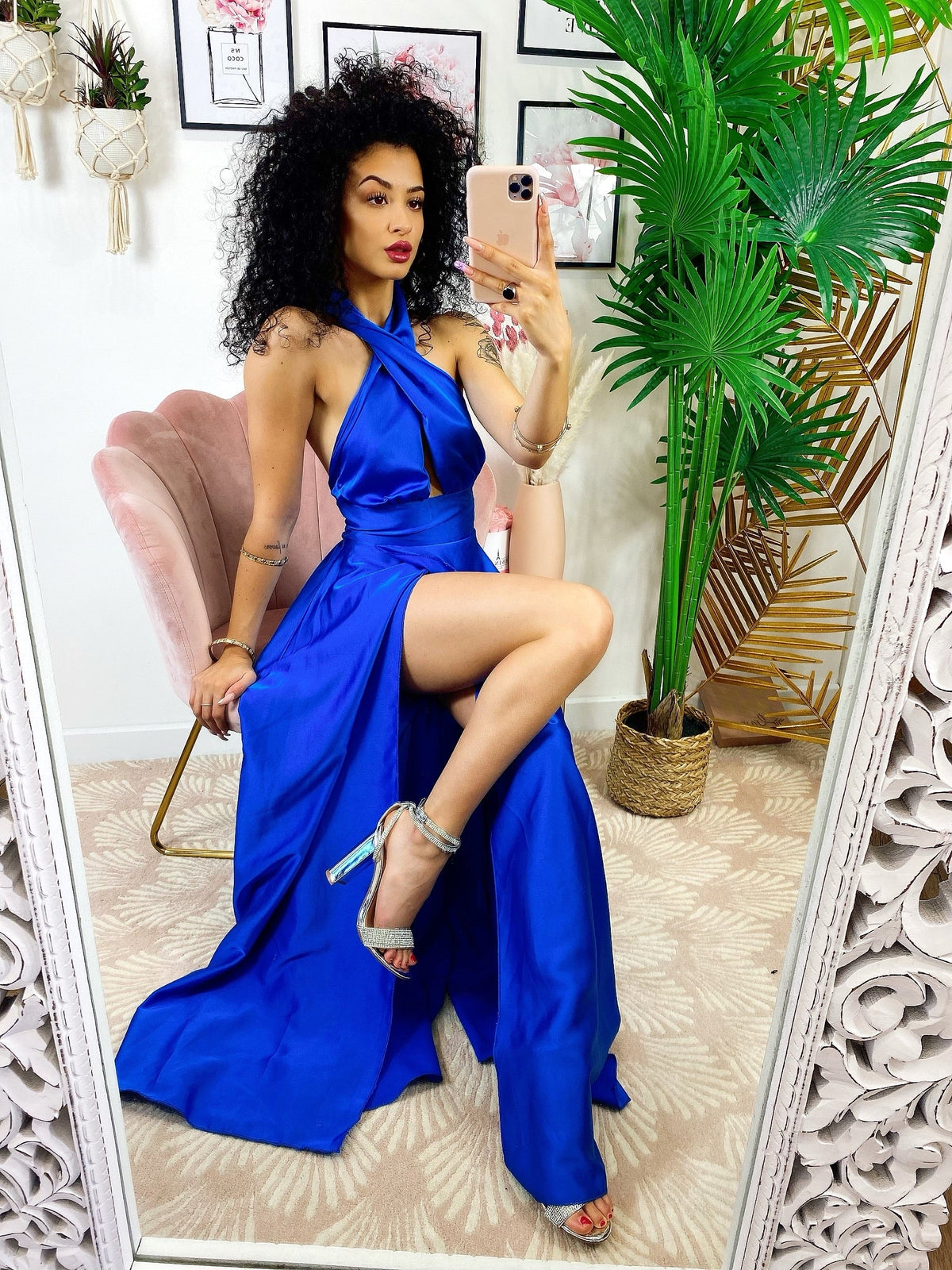 Abito in raso con maxi incrociato blu