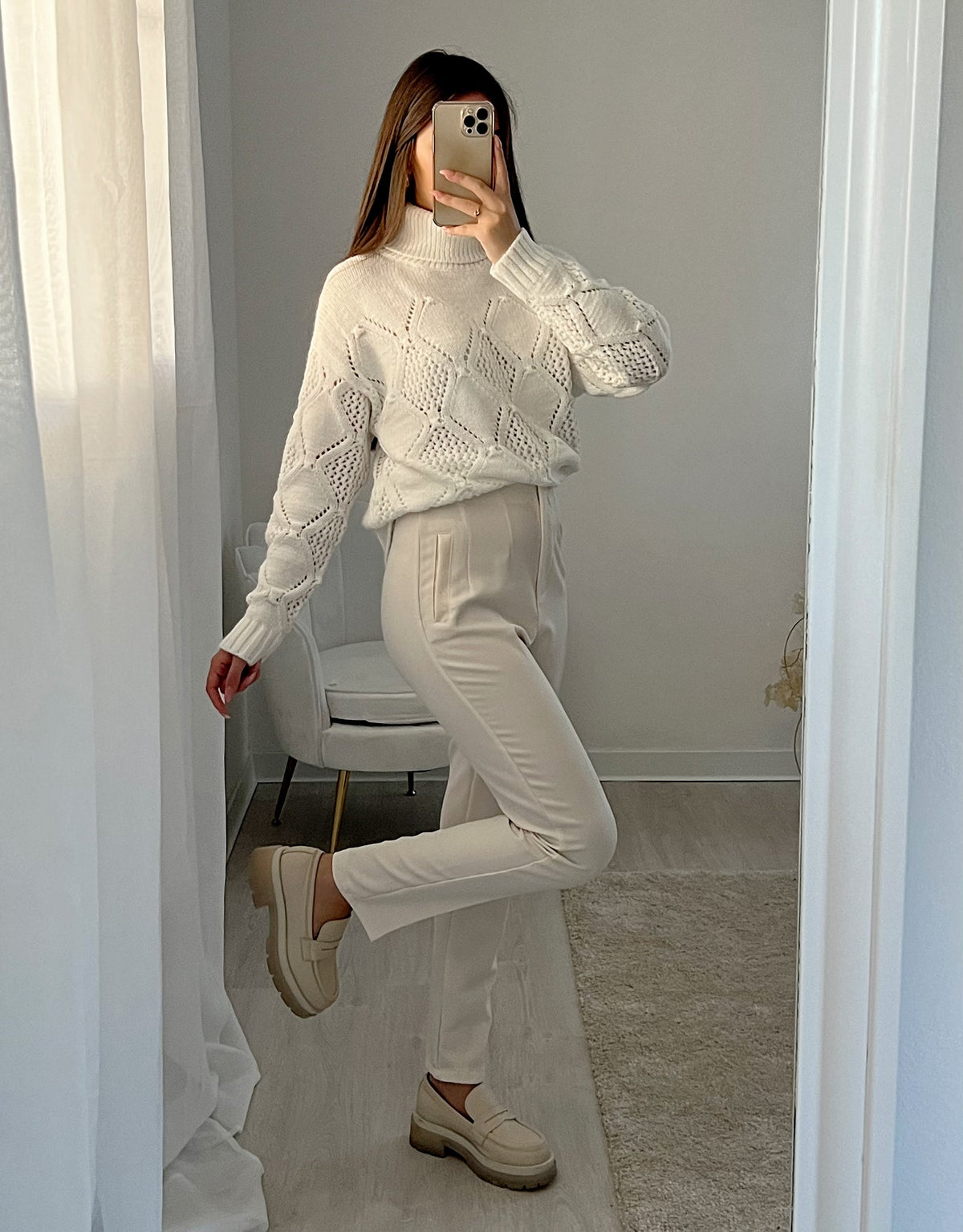 Pantalone vita alta panna