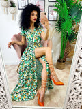 Abito lungo con maxi spacchi a fiori base verde