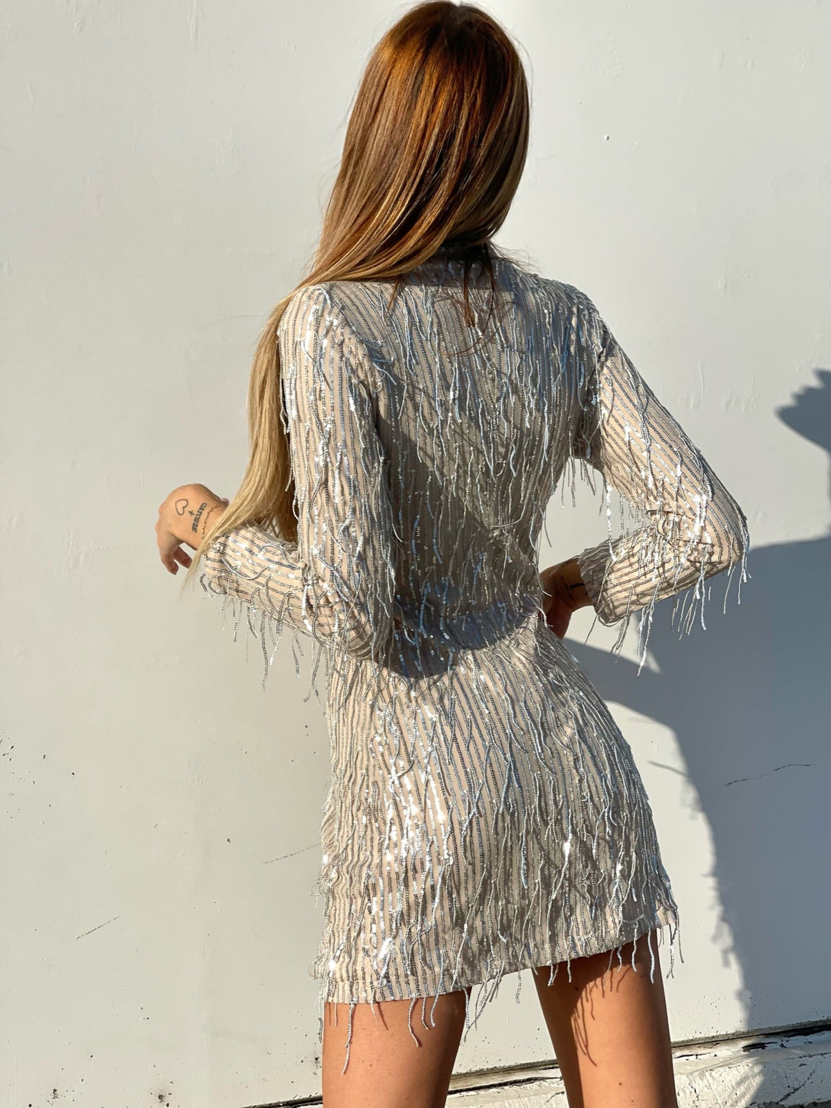 Abito nude frange in paillettes argento