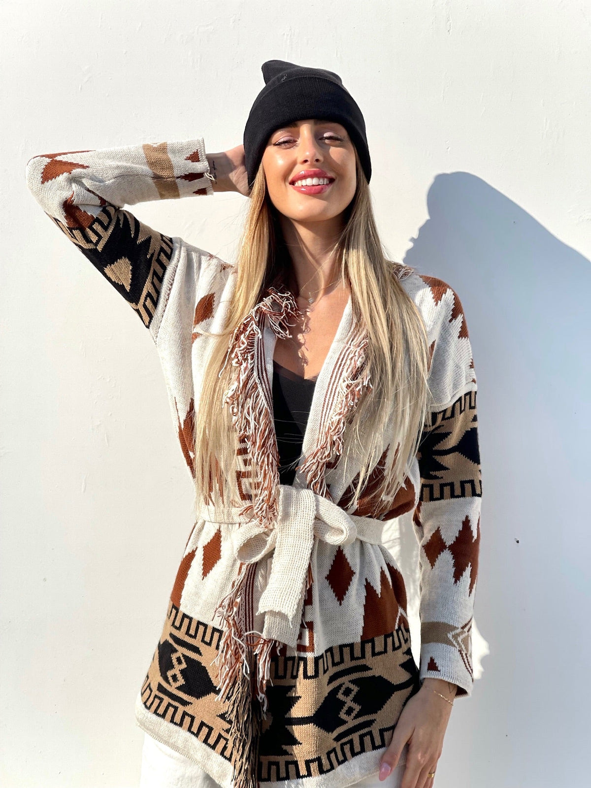 Cardigan Camel/Black con frange e cinta