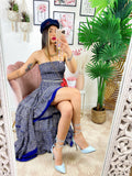 Abito con Gonna asimmetrica blu fiorellini bianchi