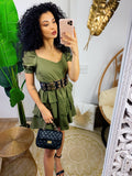 Abito a balze in cotone con manica verde militare