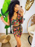 Completo top e gonna con fiori arancio base nera