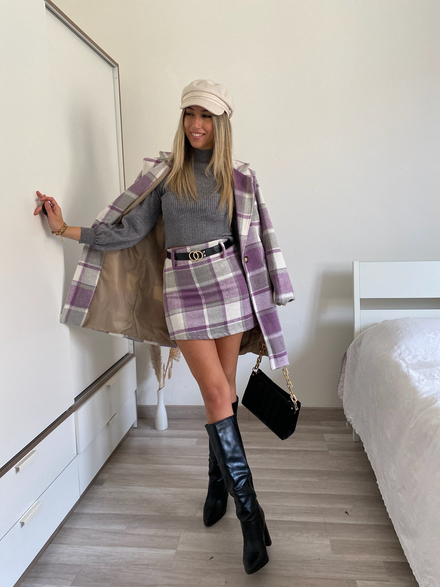 Cappotto check trama lilla