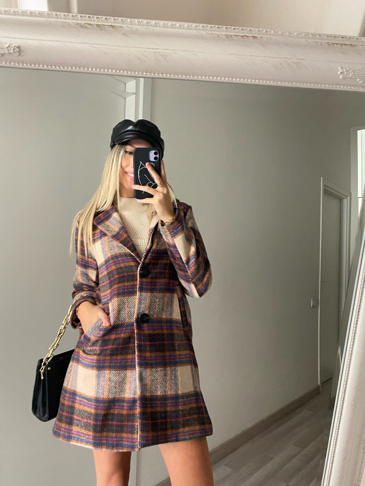 Cappotto check nude