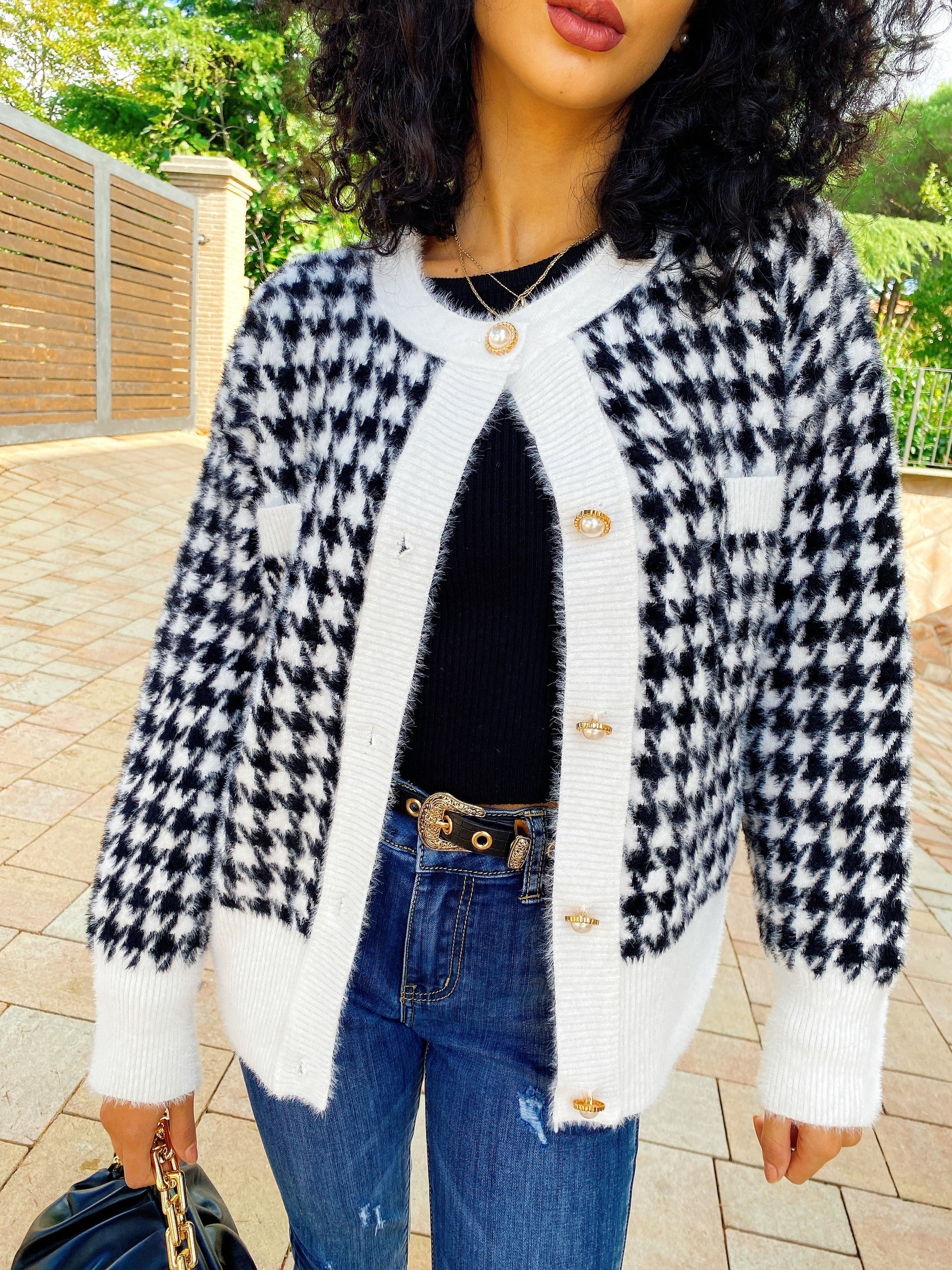 Cardigan pied de poule bottoni in perle