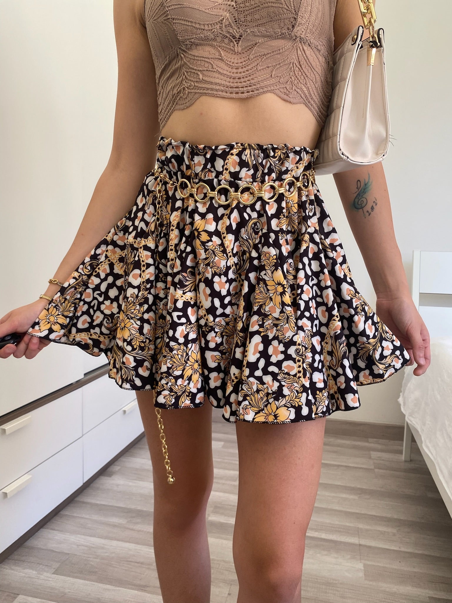 Gonna a ruota animalier nero nude