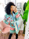 Cardigan frange e cinta celeste e verde
