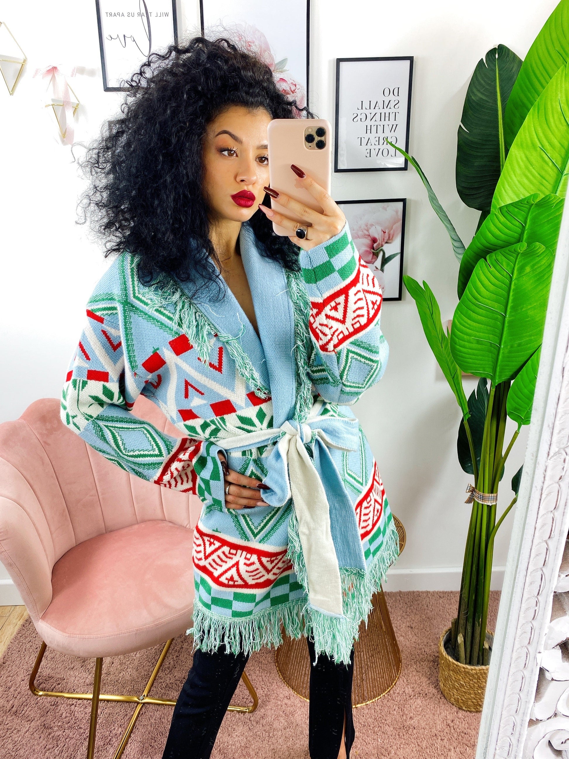Cardigan frange e cinta celeste e verde
