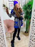 Cardigan Zebrato con frange e cinta in Blu