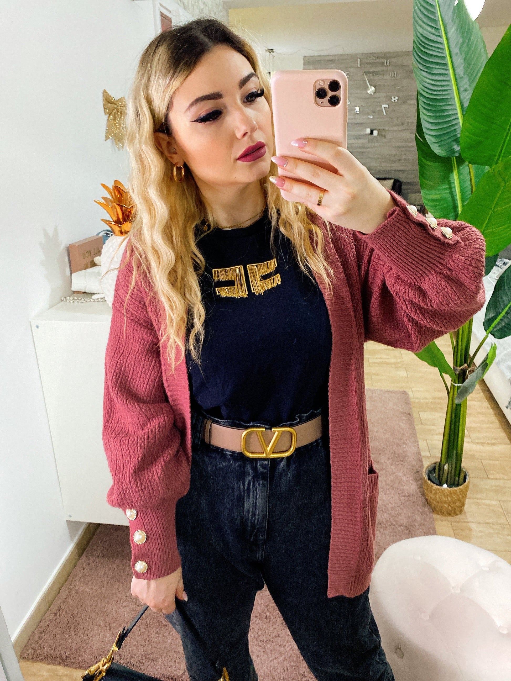 Cardigan manica lunga con perle peonia