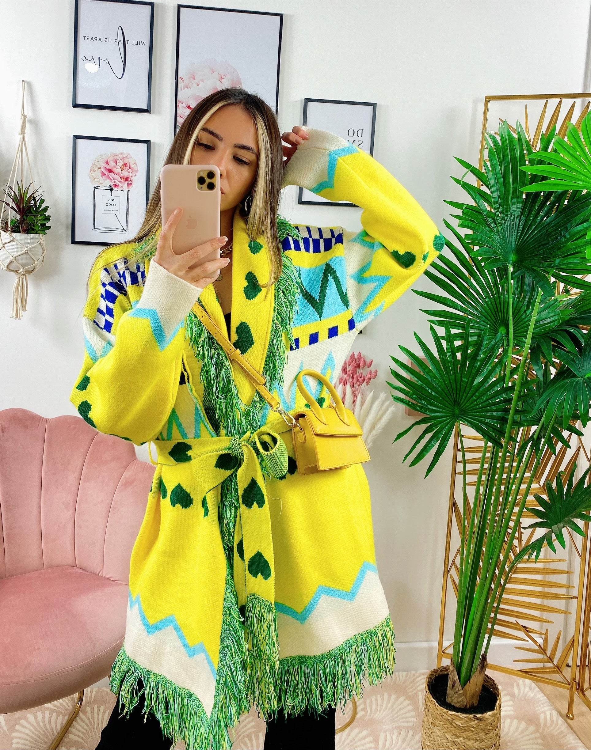 Cardigan frange e cinta giallo