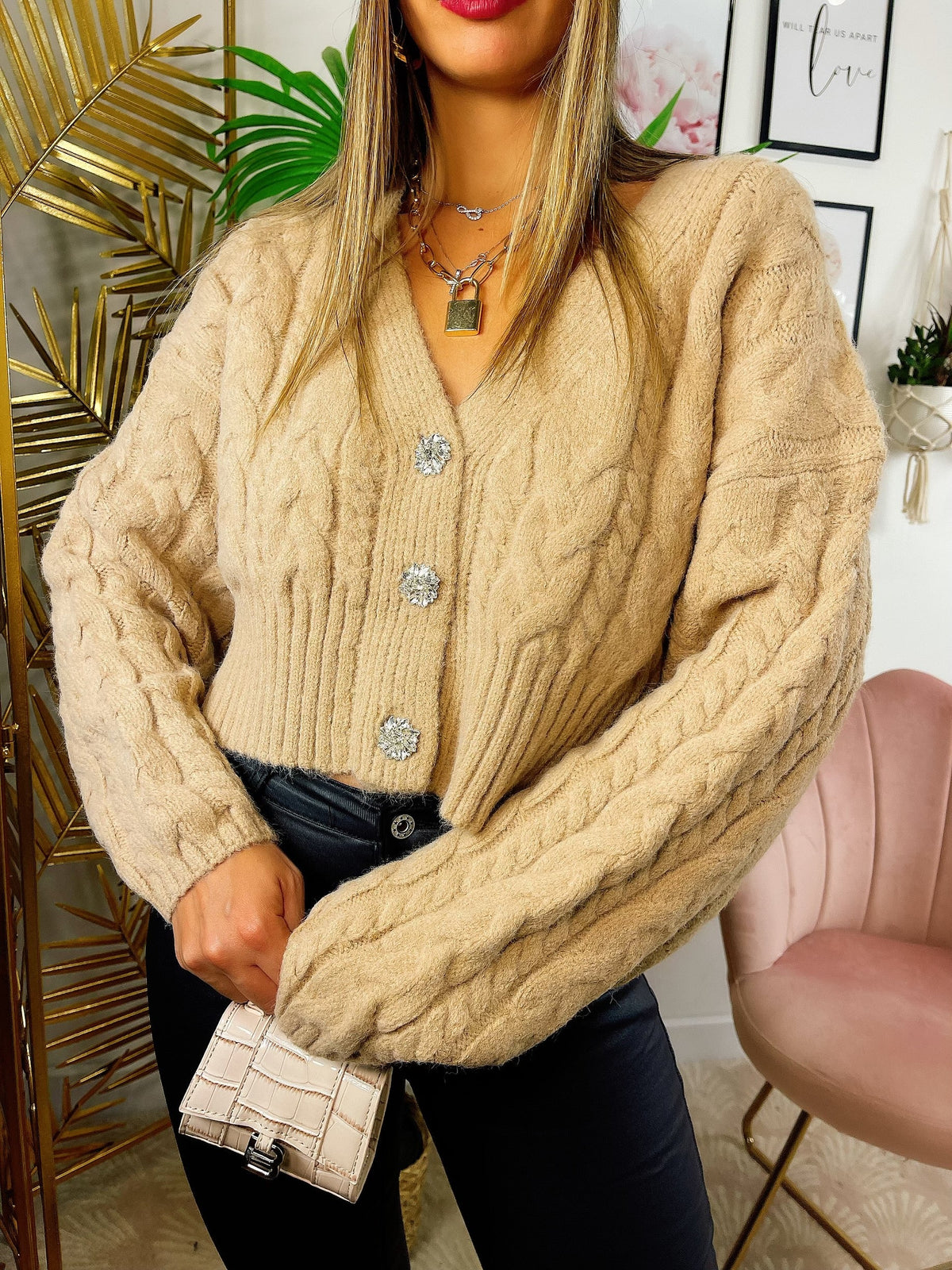 Maglione top quality camel con gioiello in strass