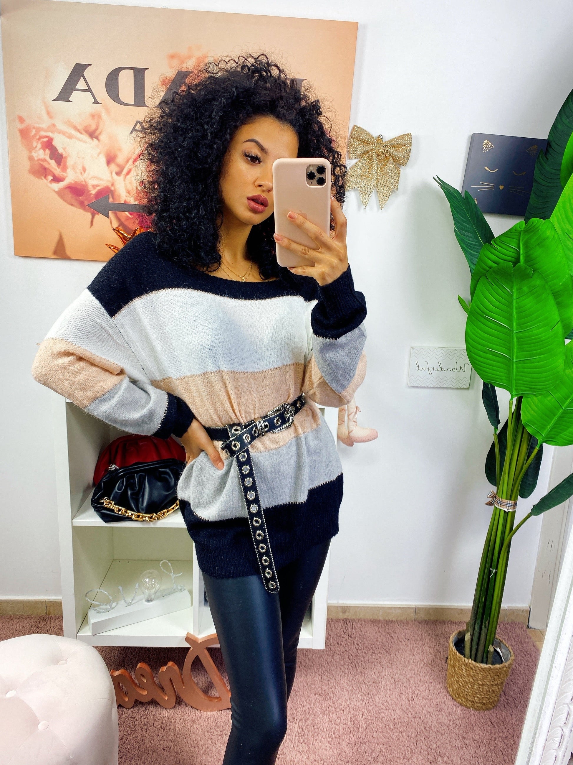 Maglione a righe bianco e rosa